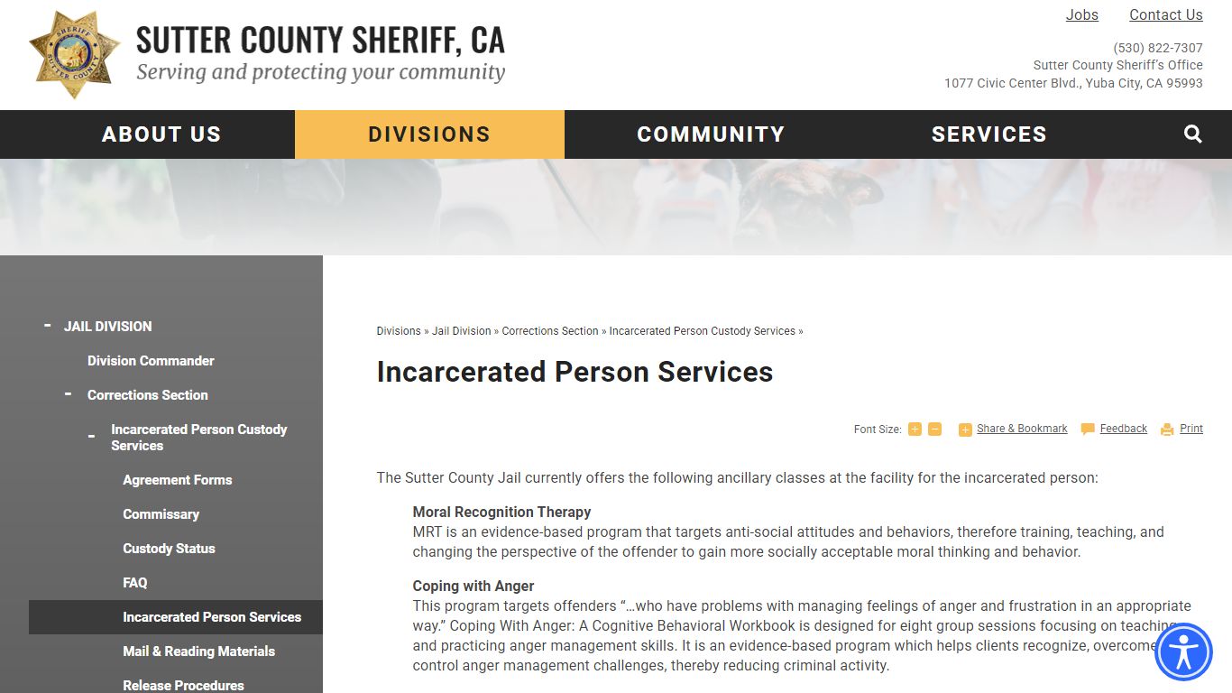 Incarcerated Person Services | Sutter County Sheriff, CA